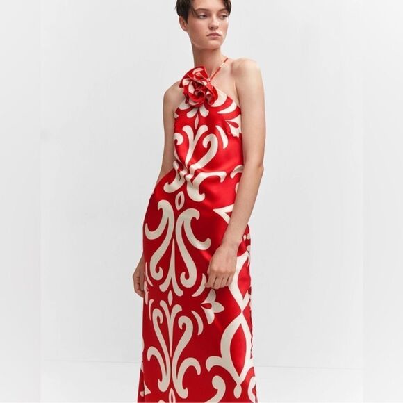 Blogger favorite red satin halter dress with floral applique (brand Mango) - Picture 7 of 15